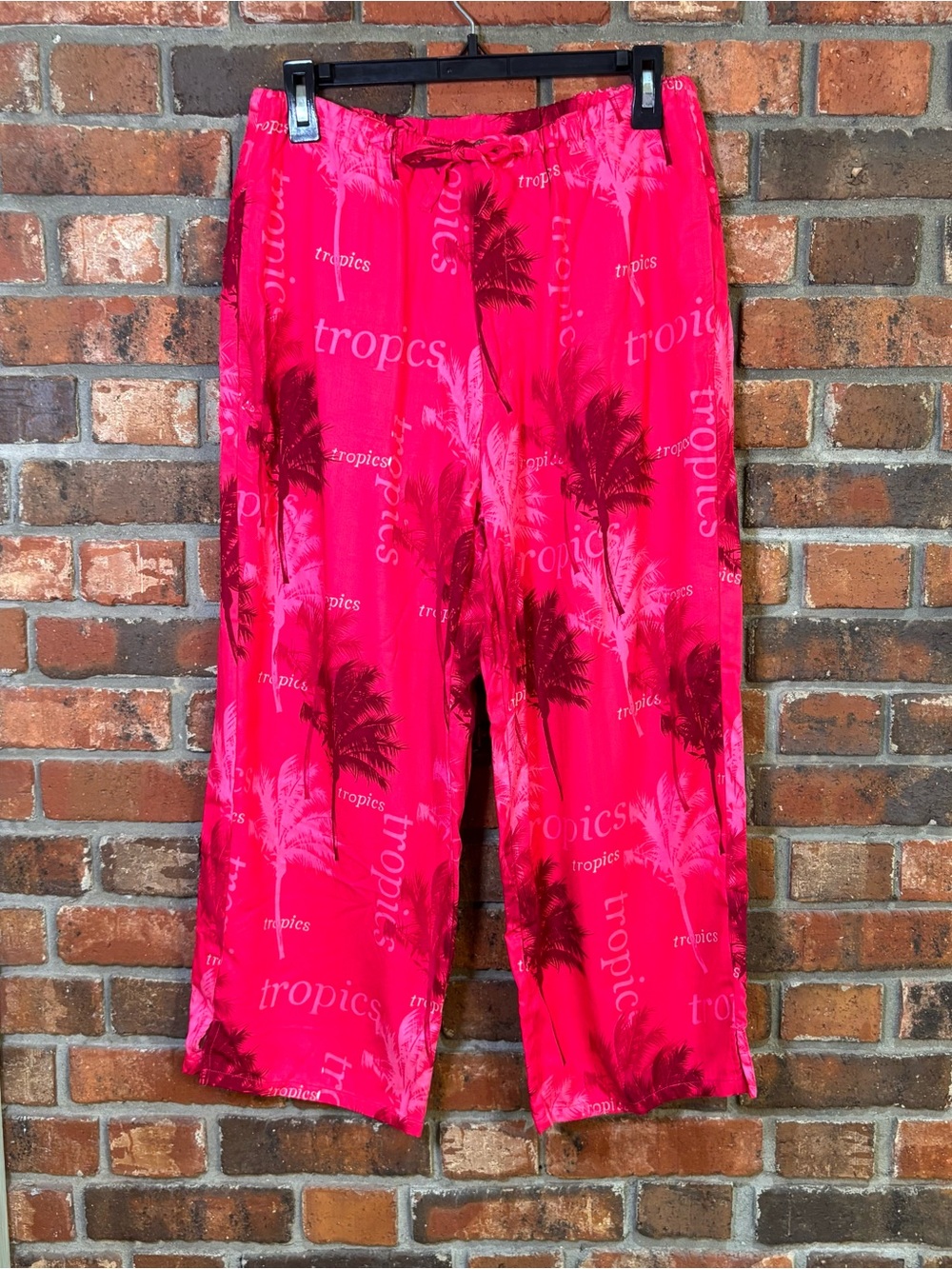 Island Traders womens tropical palm tree wide leg rayon pants hot pink M